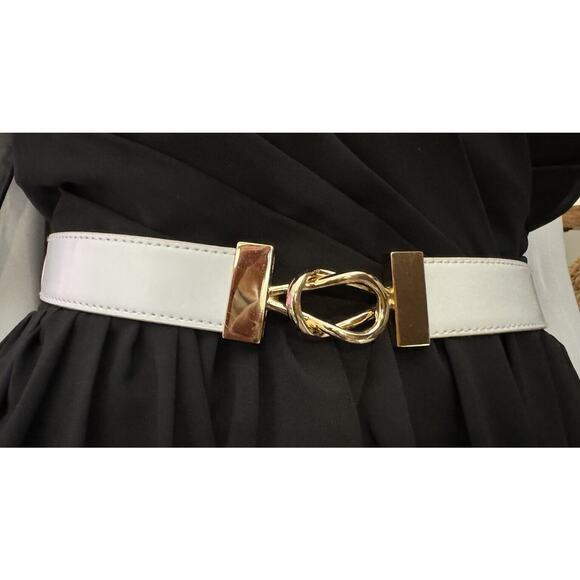 ANNE KLEIN White Genuine Leather Adjustable Belt, Gold Hardware, 47-30 - Picture 1 of 14